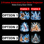 Three animated Christmas door projector options with Santa and reindeer, snowman and gingerbread house, or cottage and tree artwork.