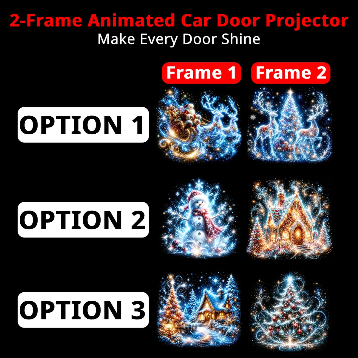 Three animated Christmas door projector options with Santa and reindeer, snowman and gingerbread house, or cottage and tree artwork.