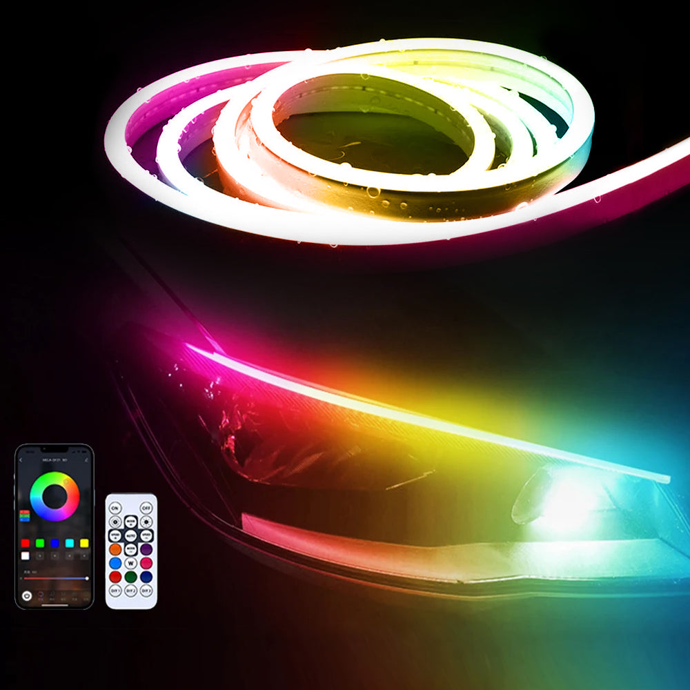 App-controlled RGB headlight LED strip with remote control for colorful DRL-style front-end accent lighting.