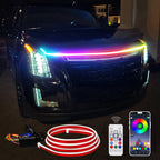 App-controlled hood LED strip installed across the front of a vehicle for a colorful RGB hood glow and night styling.