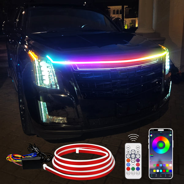 App-controlled hood LED strip installed across the front of a vehicle for a colorful RGB hood glow and night styling.