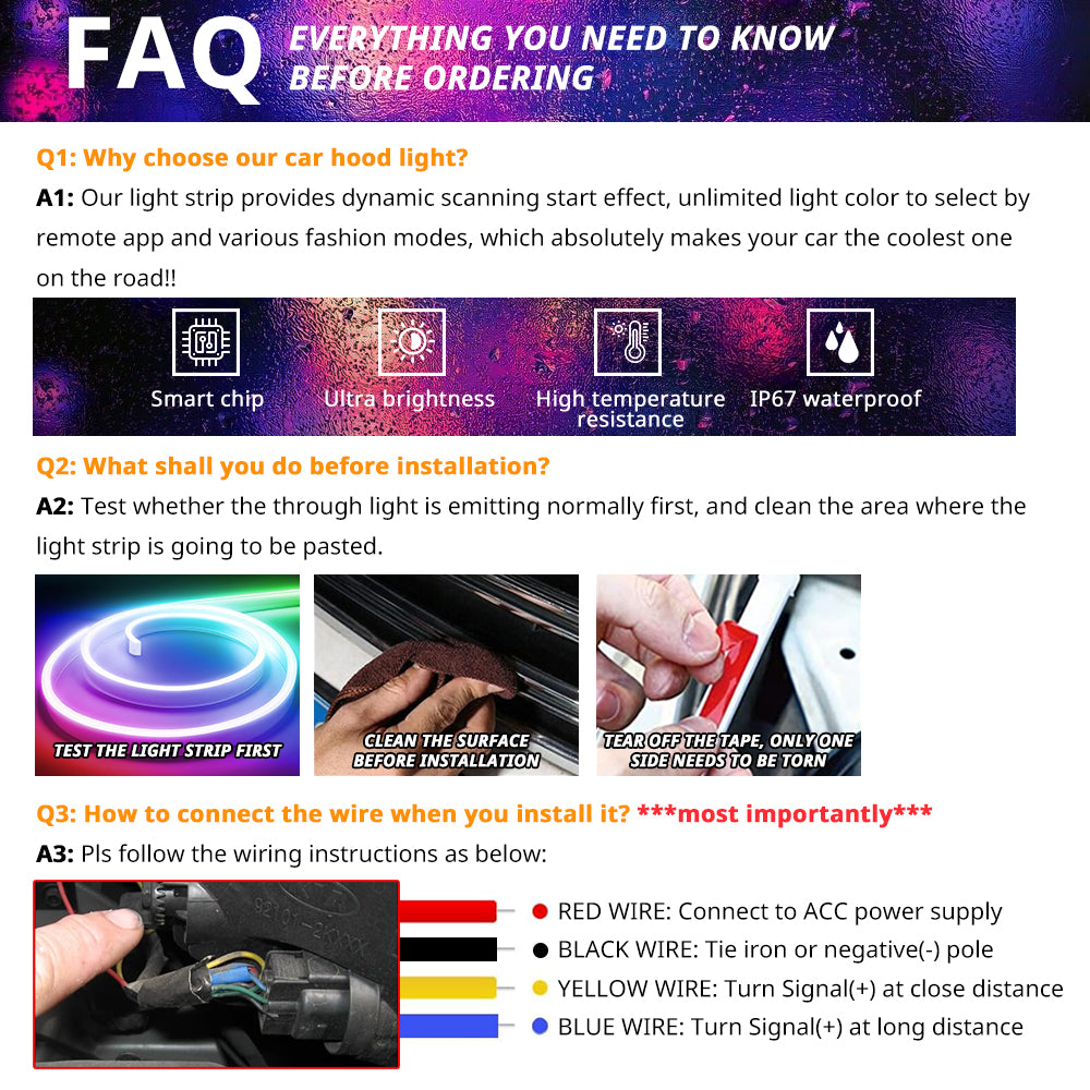 FAQ guide for app-controlled hood LED strips covering installation prep, ACC wiring, waterproof use, and troubleshooting.