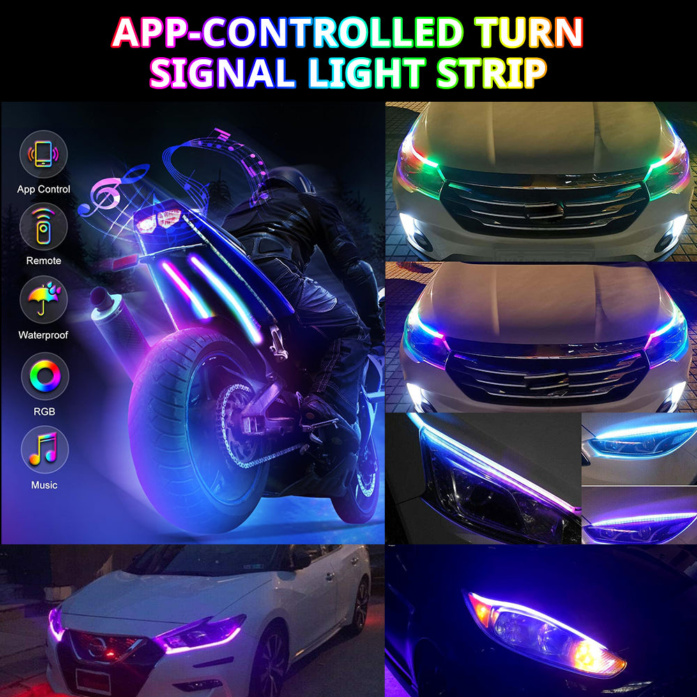 App-controlled turn signal LED strip used around headlight areas for colorful front-end styling and signal presence.