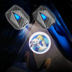Ashersmut custom artwork car door projector lights cast a Need a Ride ground glow when the door opens at night.