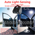 Auto light-sensing door projector stays off in strong daylight and turns on in darker conditions when the door opens.
