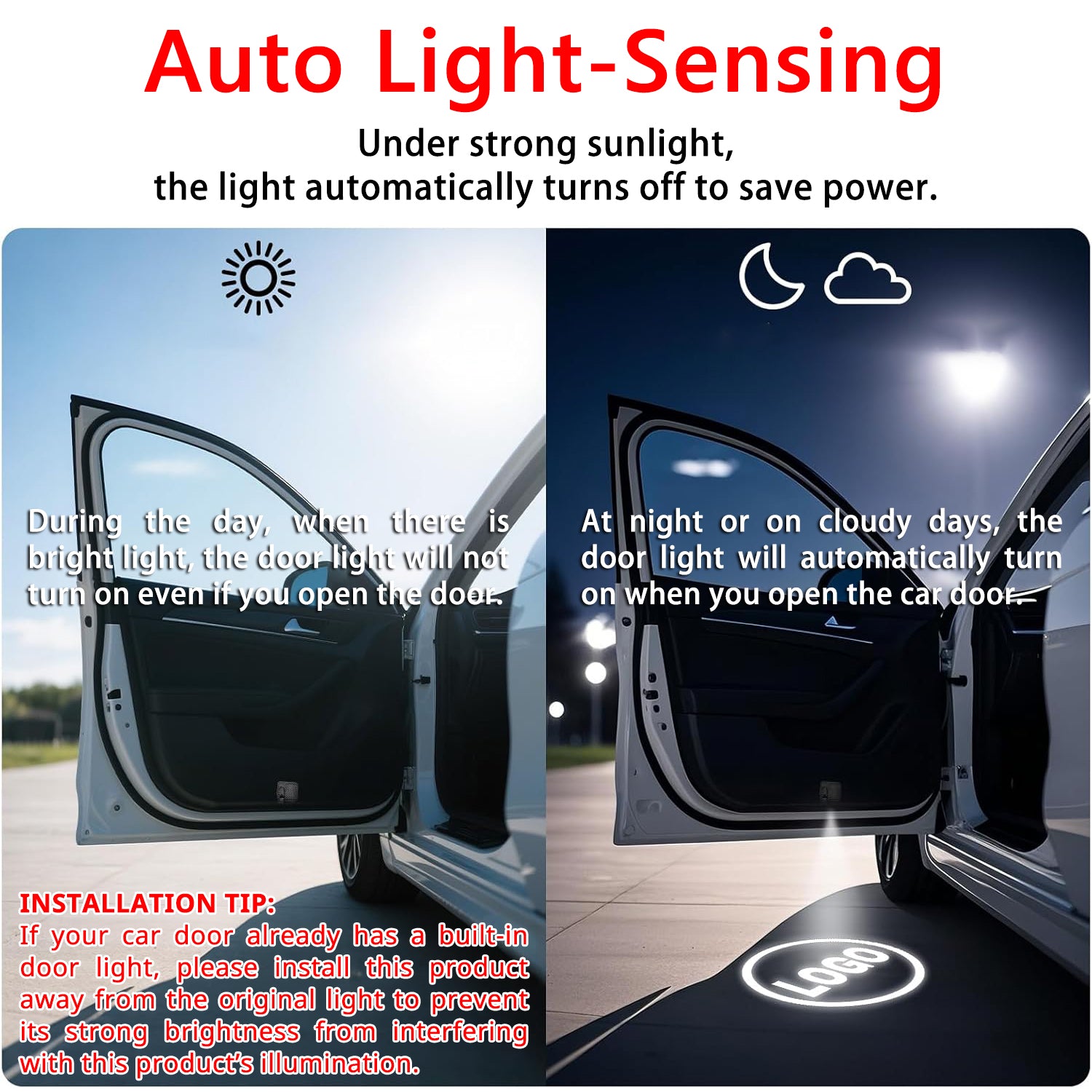 Auto-sensing car door welcome light that turns on when the door opens and turns off when the door closes.