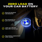 Battery-powered door logo projector runs on AAA batteries with no connection to the vehicle power system.