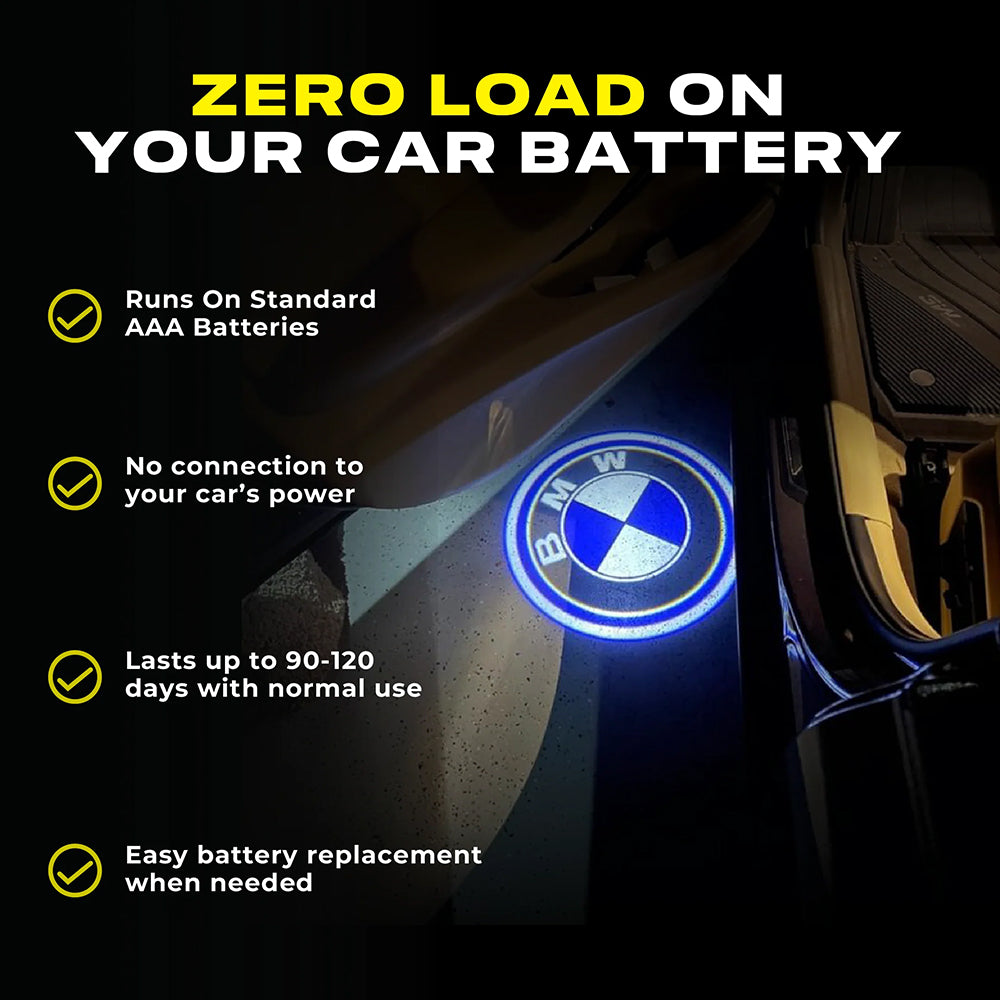 Battery-powered door logo projector runs on AAA batteries with no connection to the vehicle power system.
