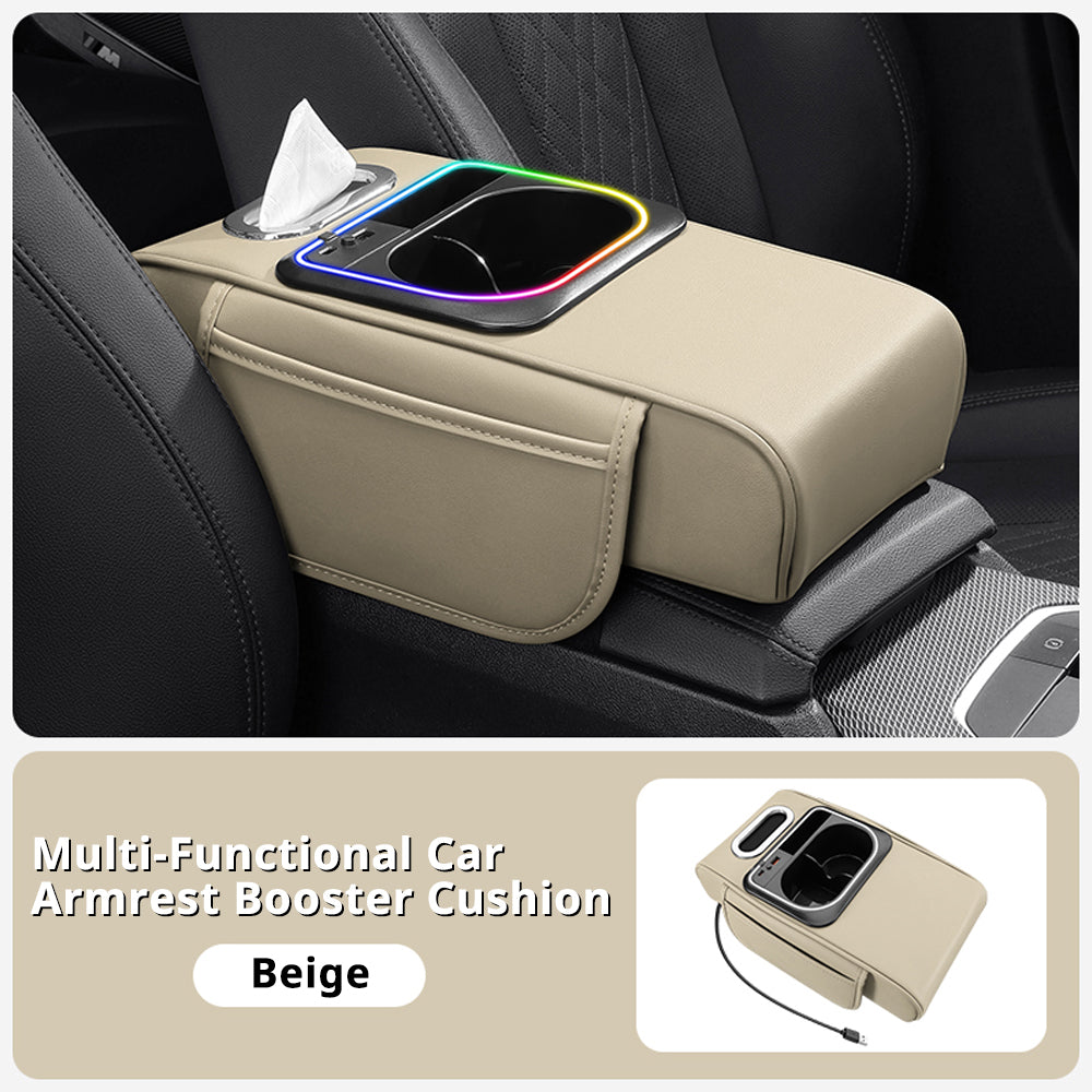 Beige car armrest organizer with soft cushion support, RGB light ring, and storage space beside the console.