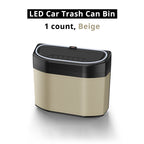 Beige LED car trash bin variant with soft cabin color, compact shape, and blue light trim.