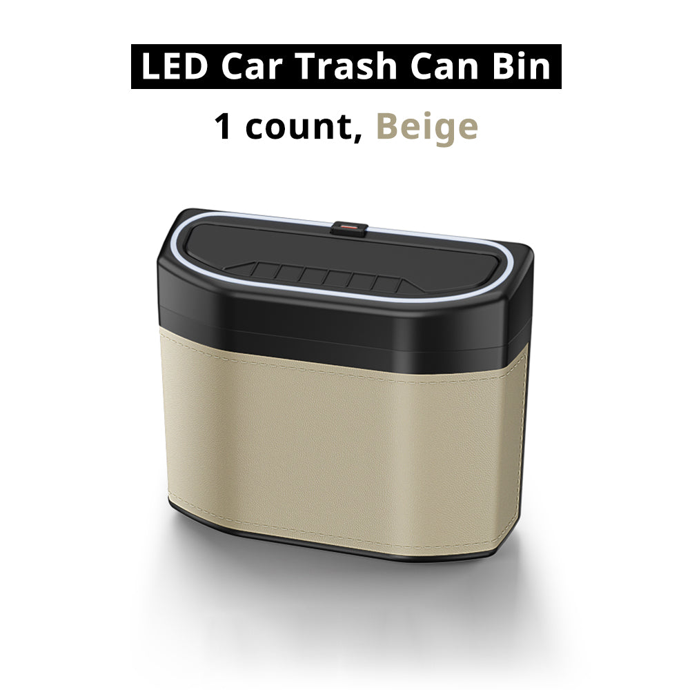 Beige LED car trash bin variant with soft cabin color, compact shape, and blue light trim.