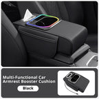 Black car armrest organizer with RGB accent light and tidy storage for a cleaner center console setup.
