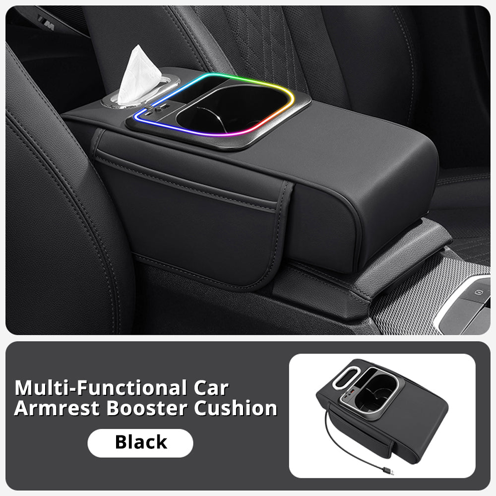Black car armrest organizer with RGB accent light and tidy storage for a cleaner center console setup.