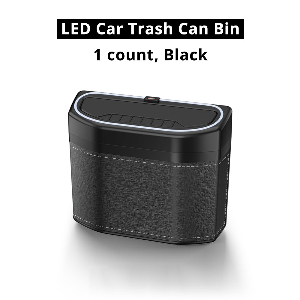 Black LED car trash bin variant with compact storage body and blue light trim for cleaner car interiors.