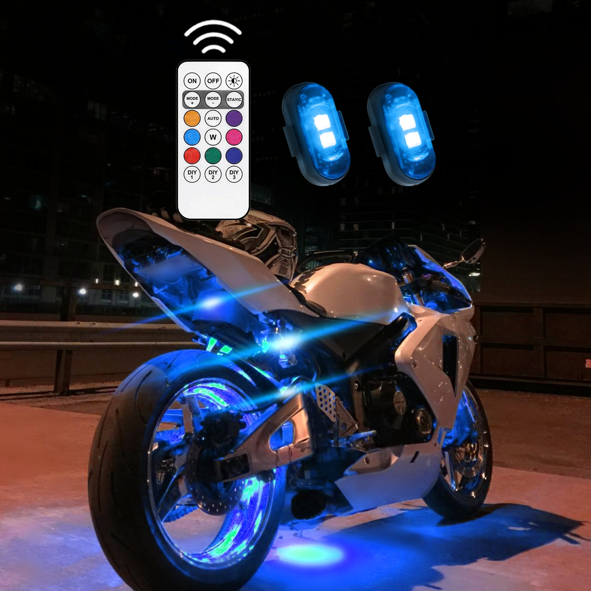 Blue RGB motorcycle accent lights brighten the side and lower frame area for a sharper night setup.