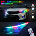 Bluetooth app-controlled headlight LED strip with remote, music, brightness, and color controls for custom front lighting.