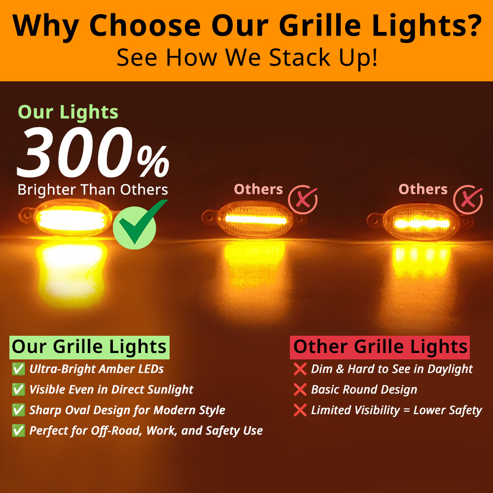 Amber grille marker light brightness comparison with wider glow and cleaner front-end visibility than dimmer grille lights.