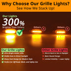 Amber grille marker light brightness comparison with wider glow and cleaner front-end visibility than dimmer grille lights.