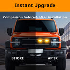 Amber grille lights adding an instant front-end styling upgrade to a truck-style grille before and after installation.