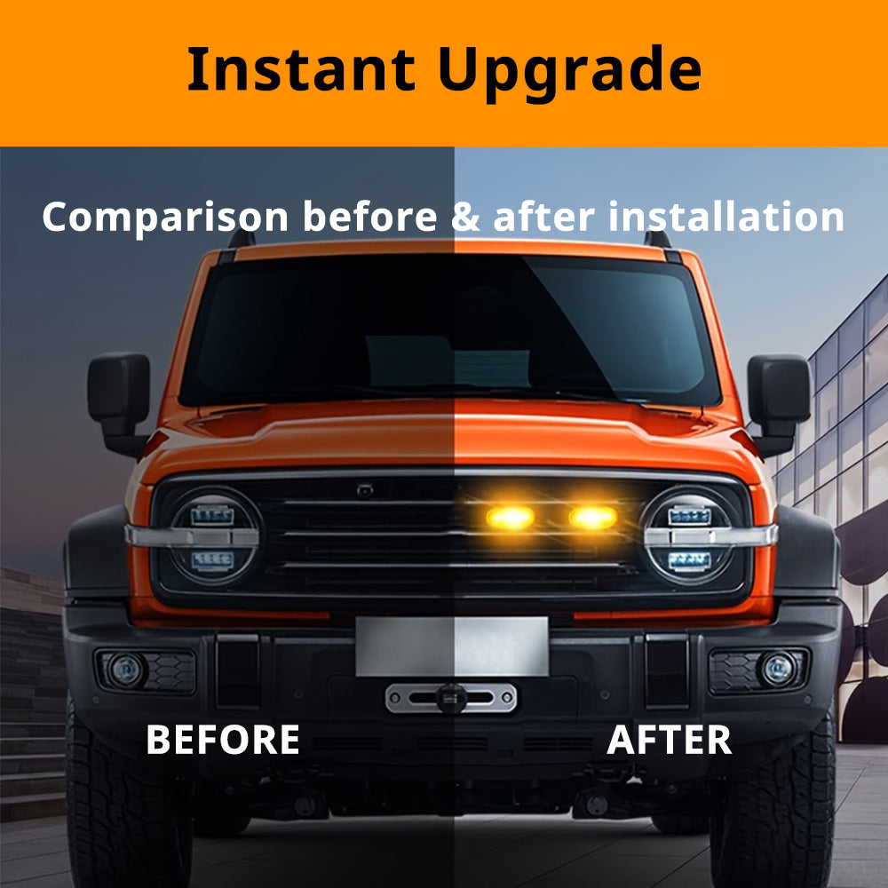 Amber grille lights adding an instant front-end styling upgrade to a truck-style grille before and after installation.