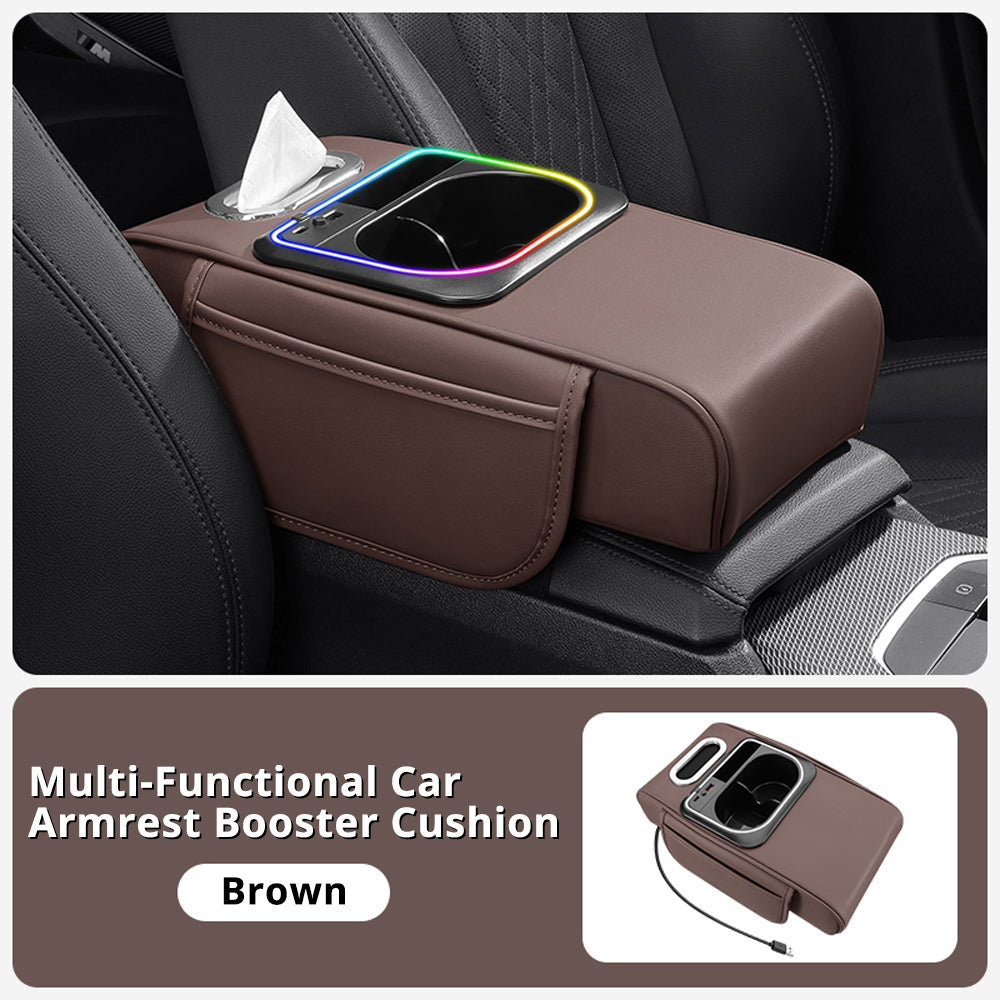 Brown car armrest organizer with leather-look finish, RGB glow, and storage compartments for front-seat comfort.