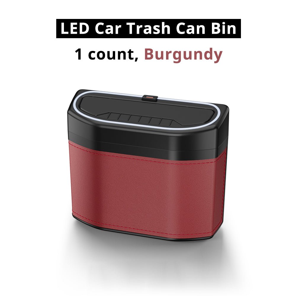 Burgundy LED car trash bin variant with compact storage body and blue light trim for organized interiors.
