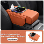 Burnt orange car armrest organizer with RGB ambient light and cup holder storage for a warmer cabin accent.