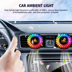 Car ambient light air freshener helping freshen the cabin while adding a glowing RGB accent on the dashboard vents.