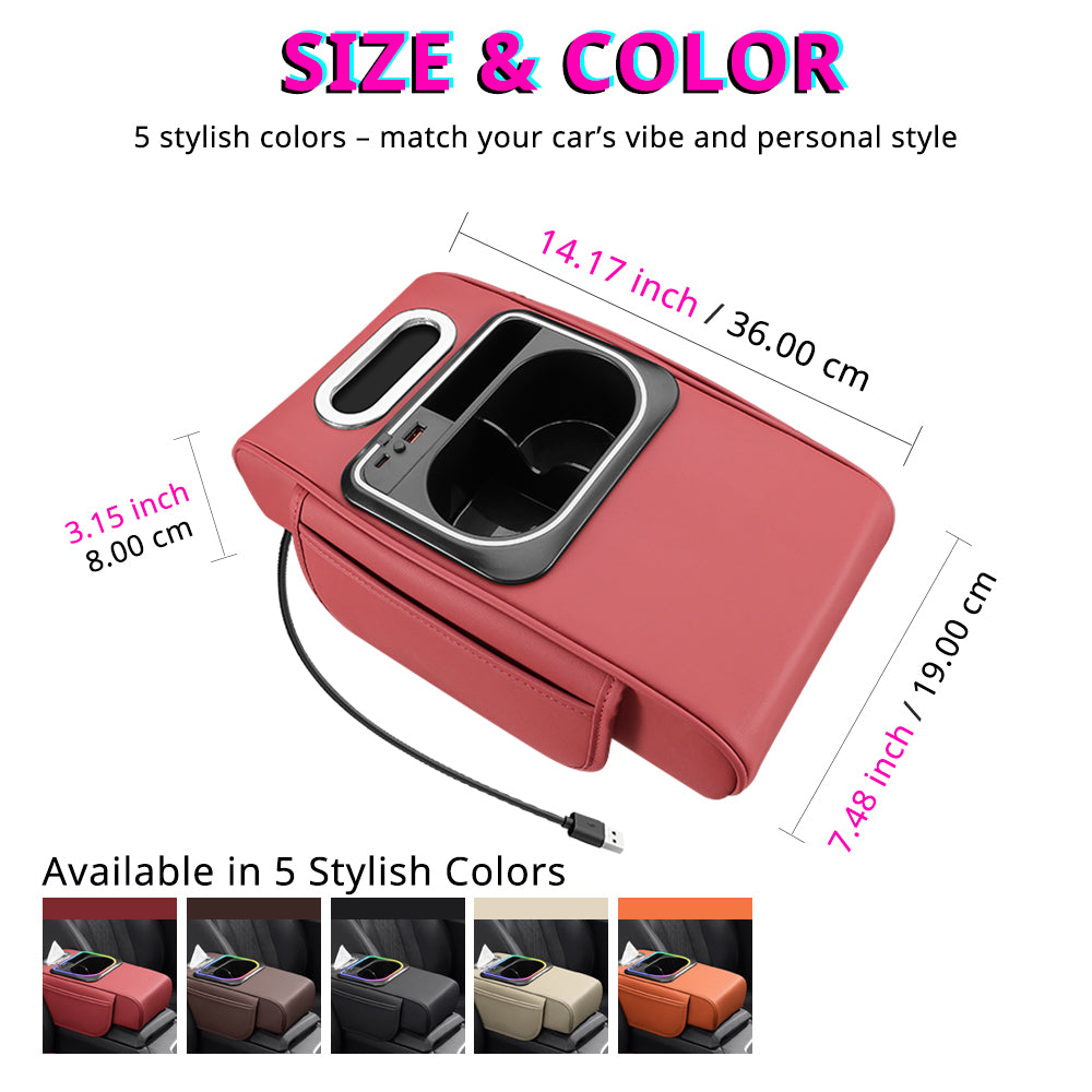 Car armrest cushion organizer with 14.8-inch length, cup holder area, and five leather-look color options.