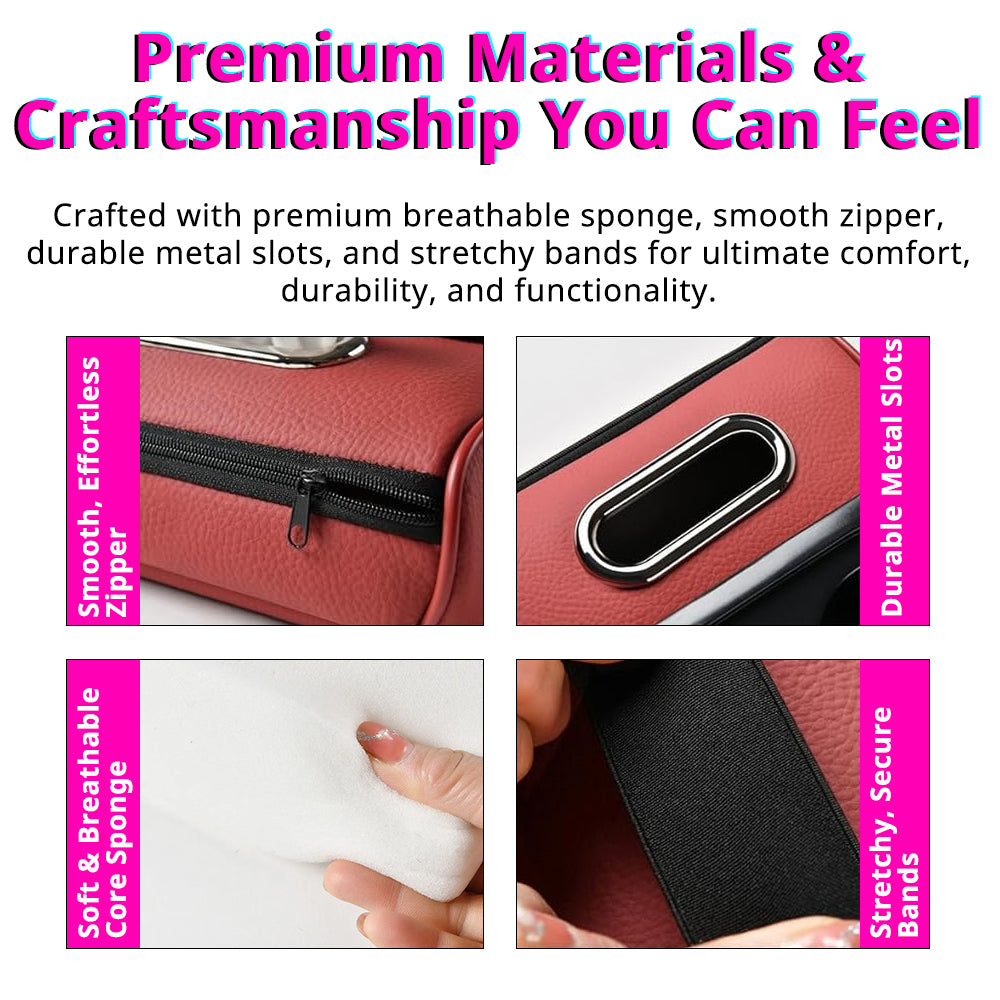 Car armrest organizer material details with smooth leather-look surface, stitching, side storage, and cup holder finish.