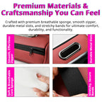 Car armrest organizer material details with smooth leather-look surface, stitching, side storage, and cup holder finish.