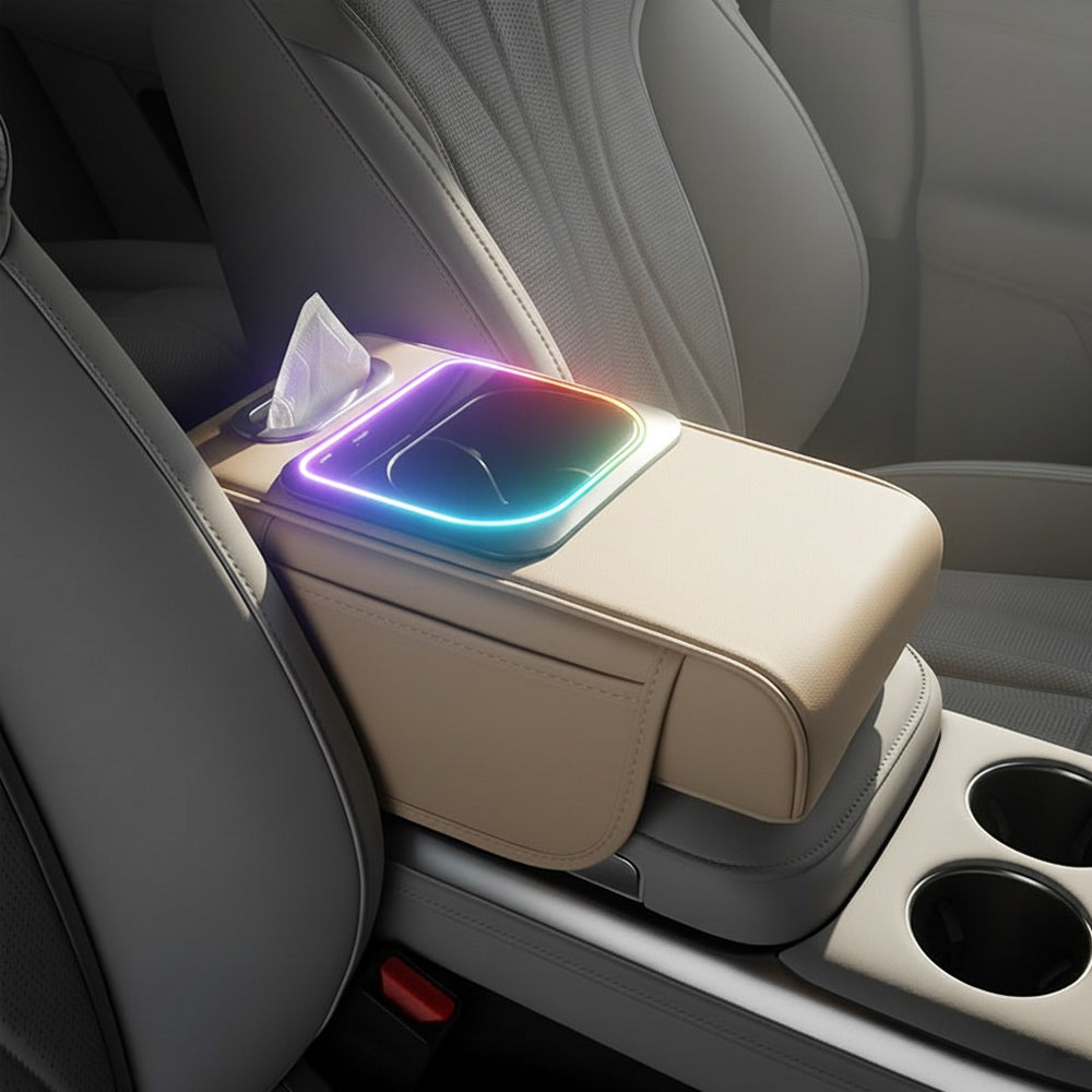 LED car armrest organizer installed between front seats with soft elbow support, storage space, and colorful console glow.