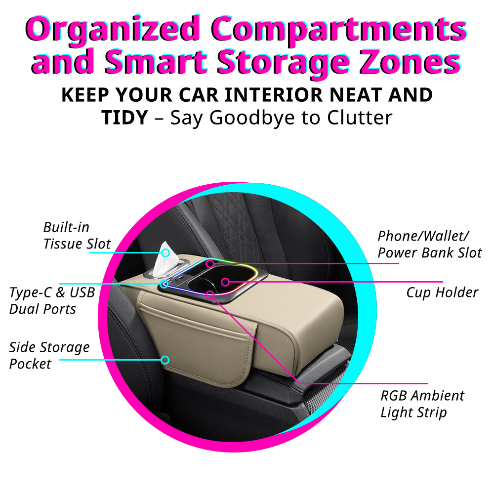 Car armrest organizer with filtered tissue slot, phone or wallet holder, cup holder, side pocket, and RGB ambient light strip.