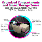 Car armrest organizer with filtered tissue slot, phone or wallet holder, cup holder, side pocket, and RGB ambient light strip.