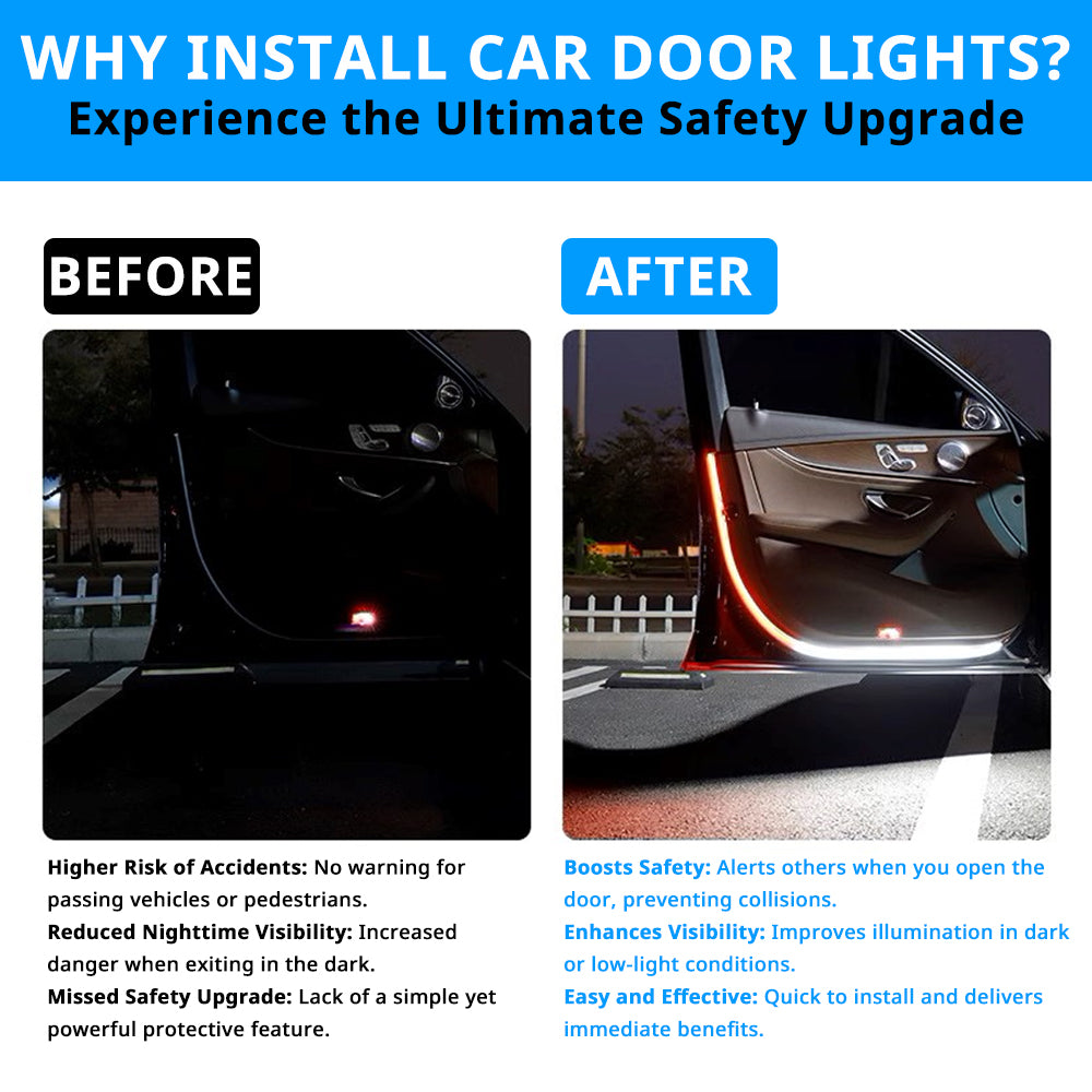Car door warning light strip brightens the open door edge for better nighttime visibility before and after installation.