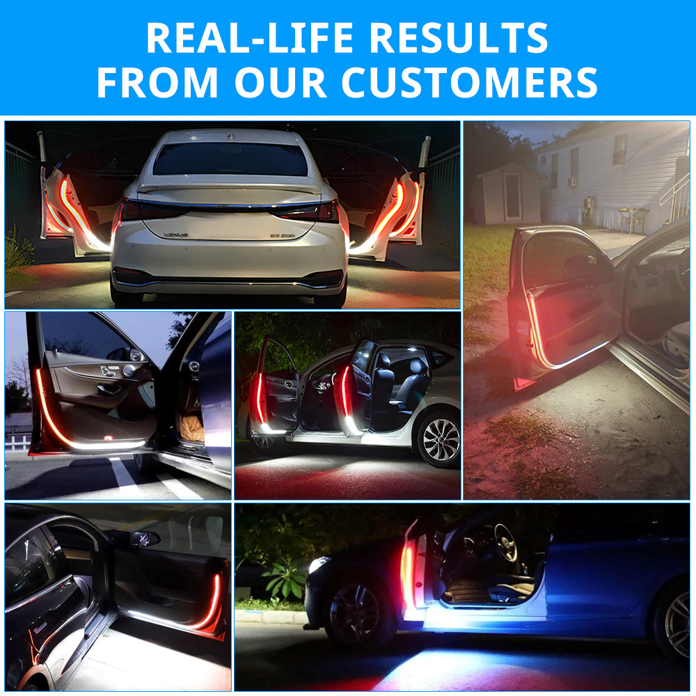 Car door warning light strips installed on multiple vehicles with red edge glow for open-door safety at night.