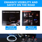 Car door warning light strip package with red and white lighting, 12V wiring, and door-edge visibility features.