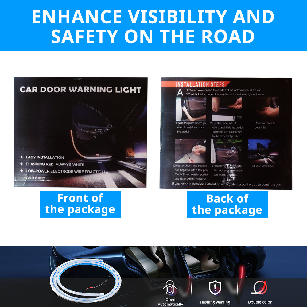 Car door warning light strip package with red and white lighting, 12V wiring, and door-edge visibility features.