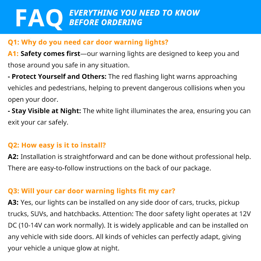 FAQ guide for car door warning light strips covering 12V wiring, door circuit setup, and installation questions.