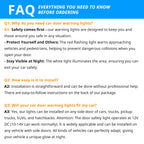 FAQ guide for car door warning light strips covering 12V wiring, door circuit setup, and installation questions.