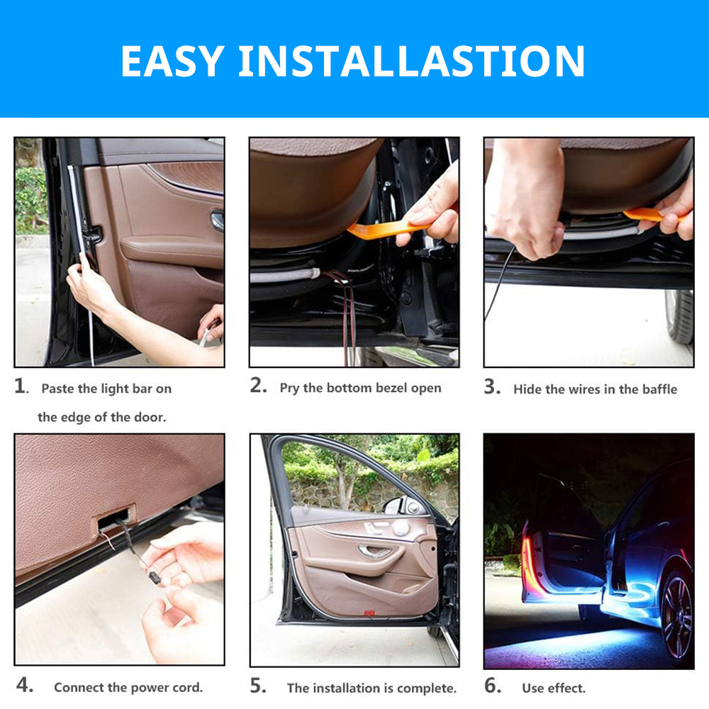 Car door warning light strip installation steps for surface prep, wiring connection, and door-edge placement.
