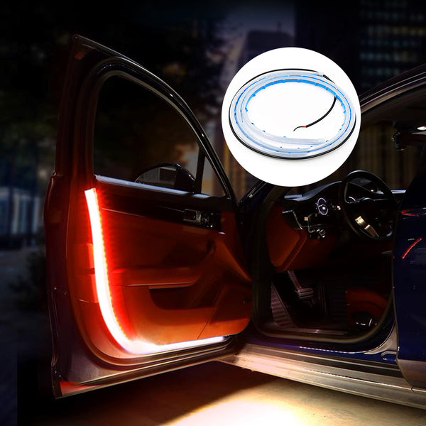 Car door warning light strip installed along the door edge with red and white glow for stronger open-door visibility.