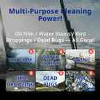 Car glass cleaner removes oil film, water stains, rain marks, bird droppings, and bug residue from exterior glass.