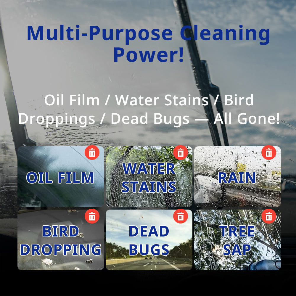 Car glass cleaner removes oil film, water stains, rain marks, bird droppings, and bug residue from exterior glass.