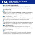 FAQ guide for car glass oil film remover covering glass use, repeat cleaning, package contents, and surface cautions.