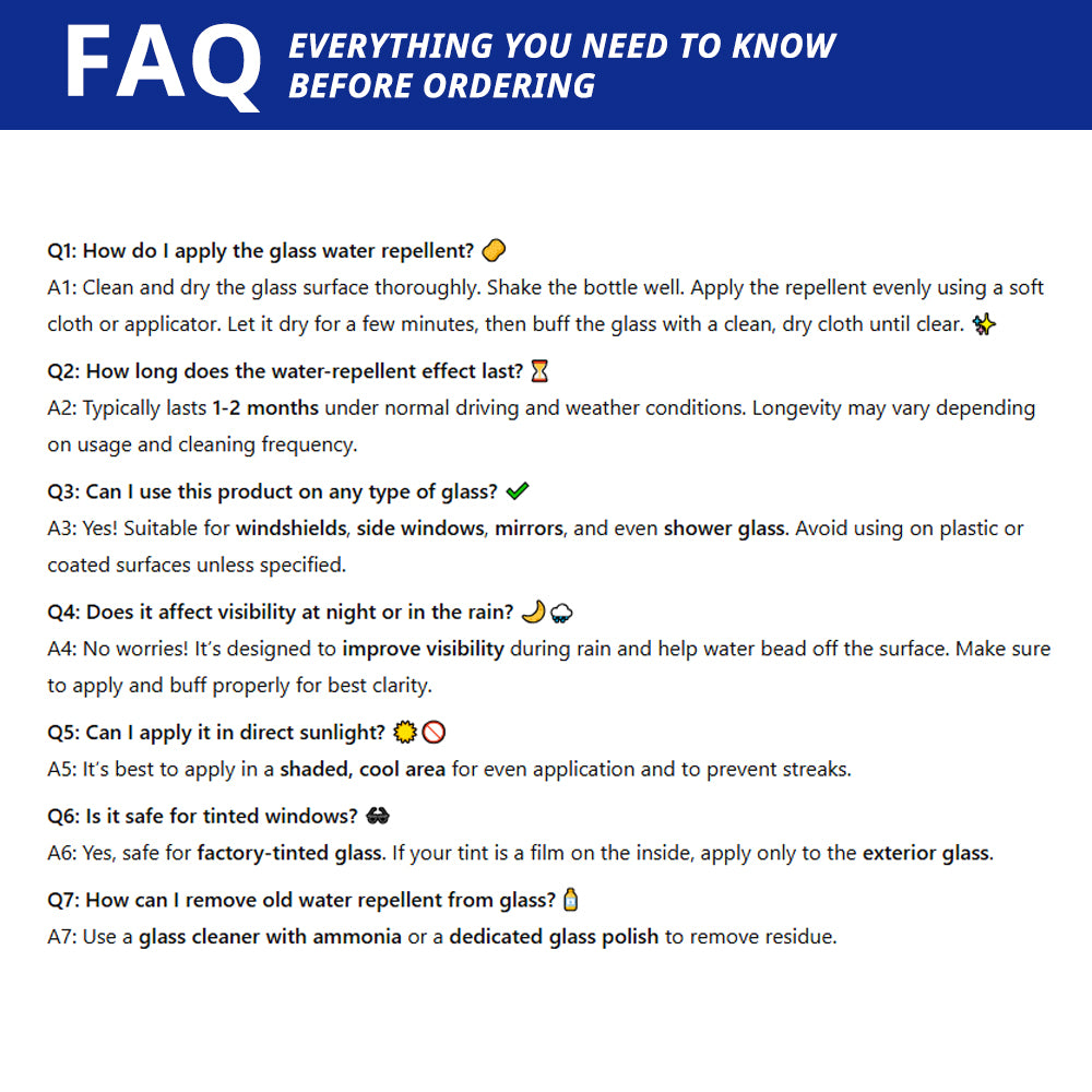 FAQ guide for car glass water repellent covering application, duration, rainy use, and exterior glass care.