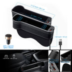 Car seat gap organizer dimensions with dual USB charging ports, cup holder area, and slim console-side storage shape.