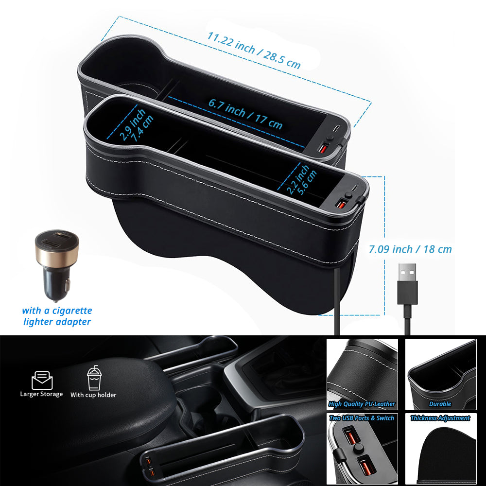 Car seat gap organizer dimensions with dual USB charging ports, cup holder area, and slim console-side storage shape.