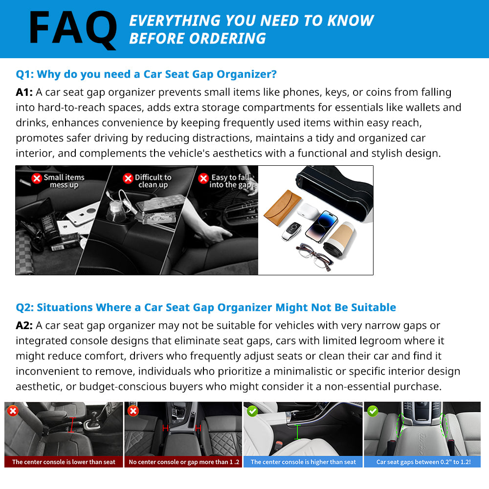 FAQ guide for car seat gap organizers covering seat gap fit, USB power, charging use, and installation position.