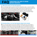 FAQ guide for car seat gap organizers covering seat gap fit, USB power, charging use, and installation position.